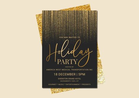 Digital gold sparkles are printed on this black Background Holiday Party Invite. This card is for the glitz & glam party who wants to add a Hollywood elegant theme to the party. If you are looking to go all the way and add even more sparkle, then you can order from me on Fiverr to get a customized invite for the party. Also, I can add a welcome sign, rsvp card, envelope, and party decor for you. Glitz And Glam Invitation Card, Glitz And Glam Invitations, Holiday Theme Party, Glam Invitation, Holiday Party Invite, Elegant Theme, Holiday Party Themes, Glam Party, Squarespace Website Design