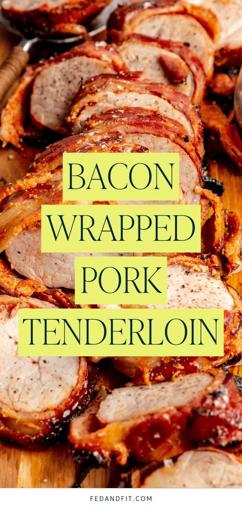 With a yummy paprika dry rub, crispy bacon, and caramelized maple syrup, this bacon-wrapped pork tenderloin is a show-stopping protein that is incredibly easy to whip up! Tenderloin Air Fryer, Tenderloin Wrapped In Bacon, Bacon Wrapped Pork Tenderloin Recipes, Pork Loin Oven, Pork Loin Recipes Oven, Bacon Wrapped Recipes, Bacon Wrapped Pork Loin, Wrapped Pork Tenderloin, Pork Tenderloin Oven