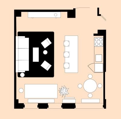 4 Living Room Layout For a Small Open-Plan Space Open Living Room Furniture, Living Room Furniture Placement, Corner Fireplace Furniture Arrangement, Open Concept Kitchen Living Room Layout, Open Space Living Room, Open Concept Kitchen Living Room, Furniture Placement Living Room, Open Kitchen And Living Room, Small Living Room Layout