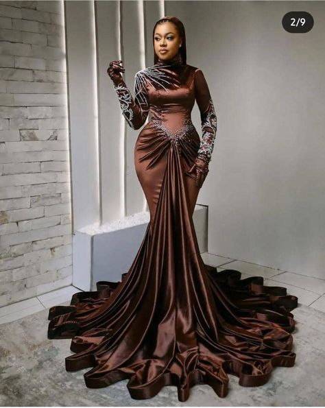 Long evening dress coffee brown colour muslim evening gown inspiration Dark Brown Wedding Dress, Muslim Dinner Dress, Brown Dinner Dress, Chocolate Brown Prom Dress, Brown Prom Dresses Black Women, Brown Gown Dress, Ashoebi Gowns, Coffee Brown Dress, Robe Dote