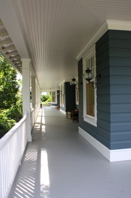 dark gray siding with light gray porch deck and white railings Craftsman Light Fixtures, Light Blue Houses, White House Interior, Blue Siding, White Porch, Traditional Porch, Porch Design Ideas, Porch Ceiling, Building A Porch