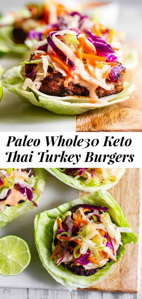 These spicy Paleo Thai Turkey Burgers are packed with flavor and easy to make with a simple slaw and sriracha mayo. They’re great in lettuce wraps to keep the meal low carb or serve with my paleo hamburger buns! #paleo #whole30 #keto #cleaneating Turkey Paleo Recipes, Paleo Turkey Burgers, Paleo Hamburger Buns, Thai Turkey Burgers, Medditeranean Diet, Paleo Burger, Shred 10, Lettuce Wrapped Burger, Whole30 Lunch