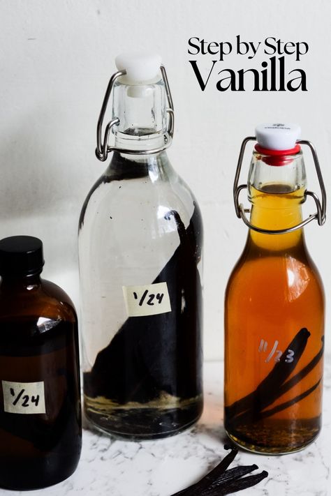 Three bottle of homemade vanilla with vanilla beans in the bottles. Gourmet Pastries, Vanilla Extract Recipe, Madagascar Vanilla Beans, Homemade Vanilla Extract, Vanilla Recipes, Wholesome Snacks, Vanilla Beans, Amber Bottles, Will Power