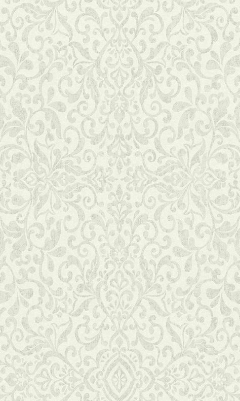 This traditional ornamental design uses delicately curved linework to form an elegant ornate pattern. A weathered metallic effect is applied on top of the damask for a transitional sheen. Sage Green Pictures, Regency Wallpaper, Bohemian Style Wallpaper, Wallpaper Walls, Scrapbook Backgrounds, Transitional Wallpaper, Bohemian Wallpaper, Ornate Pattern, Ornamental Design