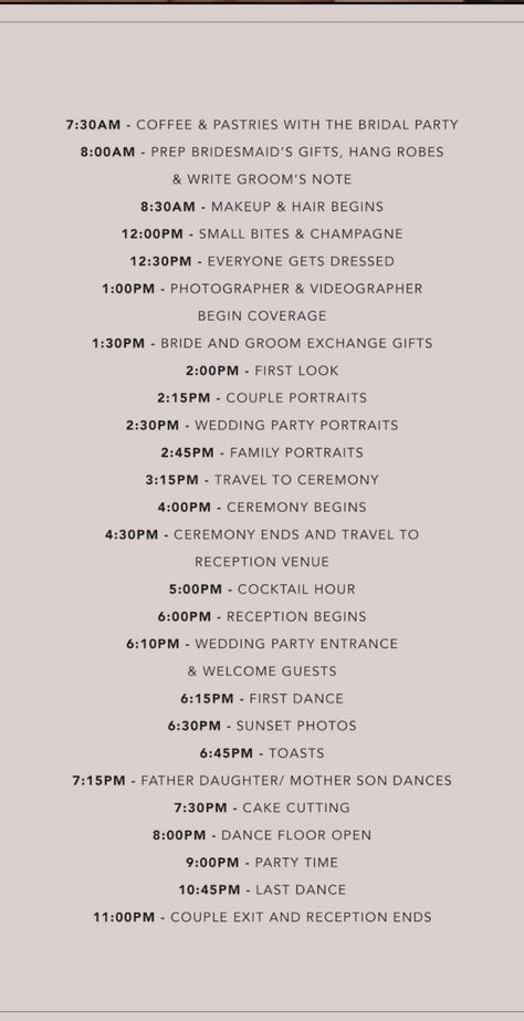 6pm Ceremony Timeline, Bridal Events Timeline, Itinerary For Wedding Day, Bride Timeline Wedding Day, Wedding Day Planning Timeline, Wedding Timeline Day Of With First Look, Wedding Timeline For 4pm Ceremony, Getting Ready Timeline Wedding, 4 O’clock Wedding Timeline