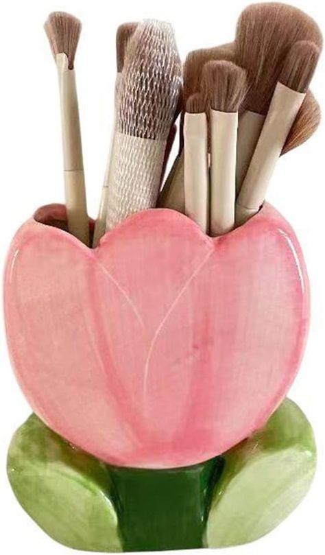 Amazon.com: AMZWISH Ceramic Tulip Flower Design Makeup Brush Holder Stand for Countertop, Vanity Table, Desk, Organizer for Bathrooms, Kitchens (Pink) : Beauty & Personal Care Ceramic Desk Organizer, Ceramic Makeup Brush Holder, Office Pen Holder, Ceramic Tulip, Countertop Vanity, Flower Makeup, Flower Mirror, Brush Storage, Makeup Brush Storage