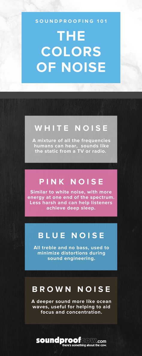 You've heard of white noise, but what about pink, brown, grey, black, and blue? While white noise can drown out all sounds, the other colors of noise are different frequencies and do different things. Pink noise is similar to white noise but is less harsh. Brown noise, on the other hand, is a deeper sound that can oftentimes aid in focus. The different frequencies on the noise spectrum lead to various colors; learn more about them on our website! #Frequency #Color #Noise Baby Sounds Meaning, Environmental Psychology, Sound Frequency, Learn Music Theory, White Noise Sound, Pink Noise, Mental Healing, Color Symbolism, Sleep Therapy