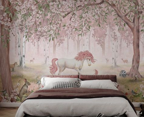 Creative Wallpaper Ideas for Childrens Bedrooms Unicorn Mural, Pink Unicorn Wallpaper, Unicorn Forest, Wallpaper Roller, Unicorn Wallpaper, Mystical Forest, Standard Wallpaper, Forest Wallpaper, Popular Wallpaper