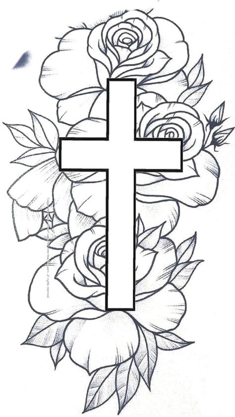 Pin on Tattoo styles Inner Tattoos Bicep Woman, Sleeve Tattoos Stencil Design, Roses With Cross Tattoo, Cross With Roses Drawing, Rose And Cross Tattoos, 2004 Tattoos, Stencil Tattoo Ideas For Women, Half Sleeve Tattoo Stencils For Men, Rose Tattoo Design Outline