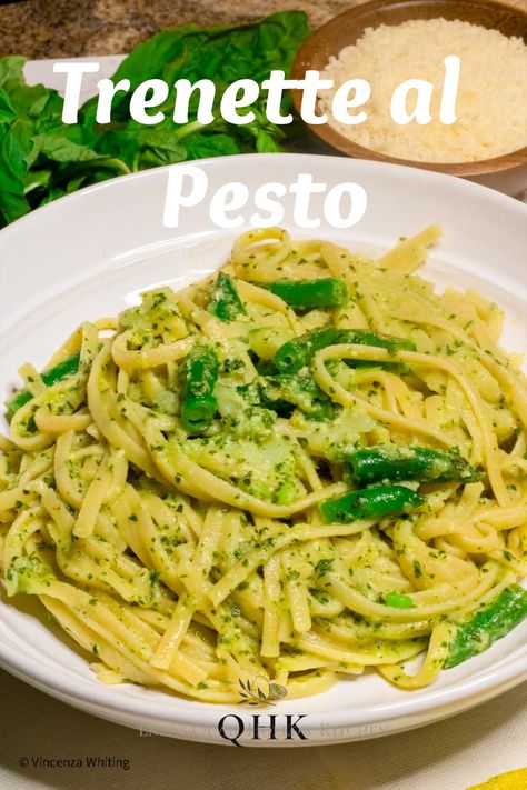 AA white bowl of Trenette pasta tossed in fresh pesto with green beans and potatoes. Recipe With Green Beans, Trenette Al Pesto, Pasta With Green Beans, Traditional Italian Recipes, Pesto Pasta Recipe, Beans And Potatoes, Creamy Pesto Sauce, Pesto Pasta Recipes, Simple Pasta