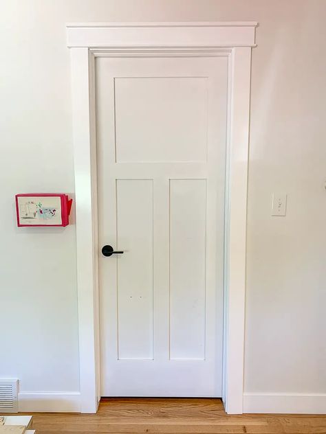 How to Create Craftsman-Style Door Trim - List in Progress Behr White Paint Colors, Behr White Paint, Craftsman Style Door Trim, Craftsman Door Trim, Craftsman Style Trim, Craftsman Style Doors, Craftsman Trim, Interior Door Trim, Baseboard Trim