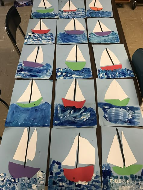 This week, first grade started their mixed media sail boat picture!   Here's how we created them! Art 1st Grade Ideas, Sailboat Art For Kids, First Grade Art Lessons, First Grade Art Projects, 1st Grade Art Lessons, 1st Grade Art Projects, Pastel Art Ideas, 1st Grade Art, First Grade Art