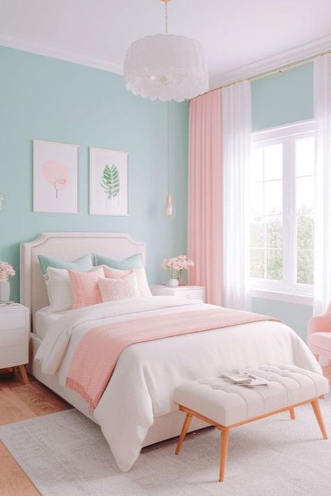 Ready for a small room makeover? 🎨 These top 10 paint colors will transform your space, making it feel brighter and more expansive. Let's give your room a refreshing new look today! ✨ #RoomMakeover #DesignInspo Preppy Room Paint Colors, Pastel Paint For Bedroom, White Room With Pops Of Color Bedroom Ideas, Light Blue And Pink Bedroom Girly, Pastel Rooms Bedrooms, Colourful Aesthetic Bedroom, Pastel Master Bedrooms Decor, Pastel Colors Room Decor, Teen Bedroom Color Schemes