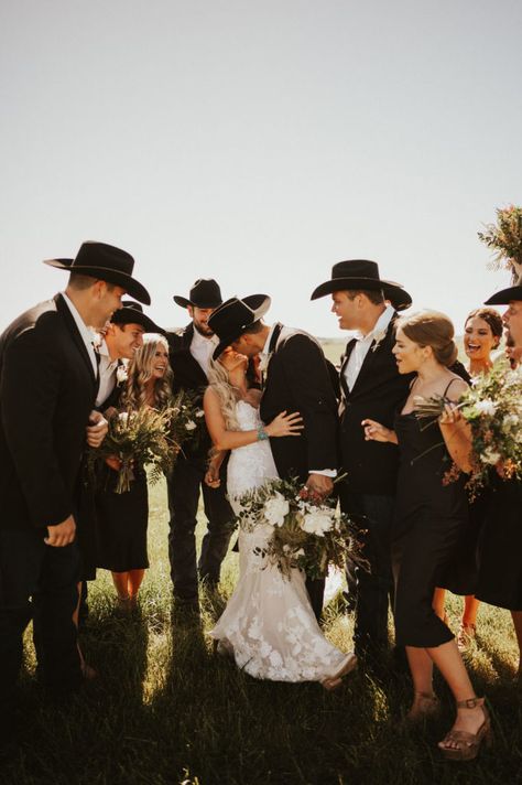 Western Black Bridesmaid Dresses, Western Groomsmen Photos, Western Wedding Magazine, Country Wedding Black, Black And White Western Wedding, Black Western Wedding, Classy Country Wedding, Western Groomsmen, Western Wedding Groomsmen