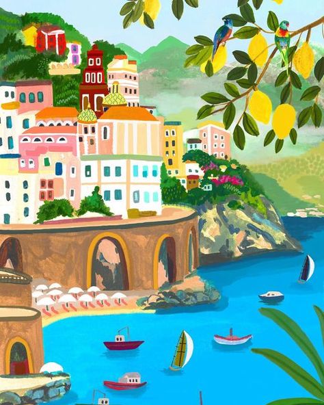 Amalfi Coast Print, Amalfi Coast Art, Amalfi Coast Illustration, Rhi James, Italy Illustration, City Canvas Art, Modern Industrial Decor, Mountain City, Colorful Mountains