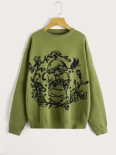 That Green Gables you saw on social| ROMWE USA Forest Frog, Mushroom Sweater, Dark Cottage Core, Grunge Sweater, Frog Mushroom, Cottagecore Sweater, Green Cottage, Mushroom Pattern, Drop Shoulder Sweater