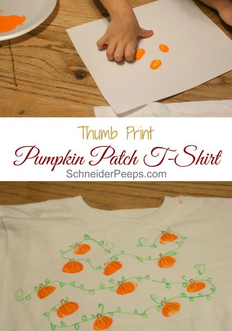 Thumb print pumpkin patch t-shirts are a super fun and easy way to get into the fall spirit. We literally did this while cooking dinner. Thumb Print Pumpkin, Cotton T-shirt For Outdoor Fall Activities, Diy Halloween Shirts For Kids Paint, Pumpkin Patch Diy, Pumpkin Patch T Shirts, Little Pumpkin Shirt, Fall Tshirts, Kids Pumpkin Shirt, Pumpkin Tshirt