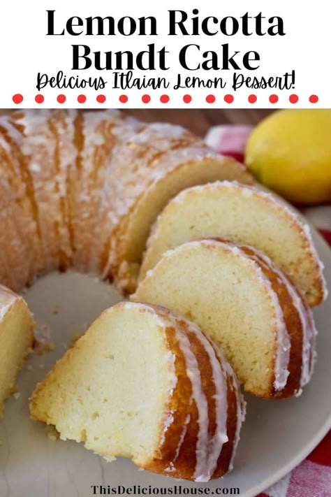 This 5-star Lemon Ricotta Bundt Cake is a delicious Italian lemon cake made with ricotta cheese and fresh lemon juice. Don't miss this perfect dessert that's been made and reviewed thousands of times! Ricotta Bundt Cake Recipes, Lemon Ricotta Bundt Cake, Cake With Ricotta Cheese, Ricotta Bundt Cake, Lemon Ricotta Cake Recipes, 2024 Cake, Italian Lemon Cake, Ricotta Cake Recipes, Italian Baking