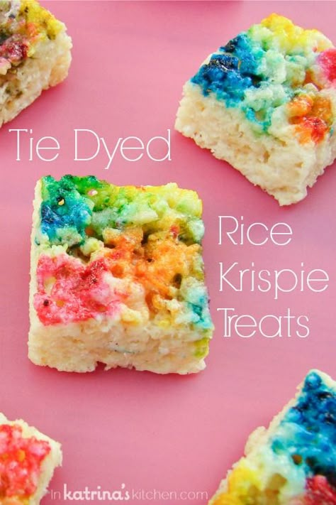 Rainbow Tie Dyed Rice Krispie Treats Dyed Rice, Tie Dye Birthday Party, Tie Dye Birthday, Krispie Treats Recipe, Tie Dye Party, Cereal Treats, Rainbow Food, Rice Crispy Treats, Food Dye