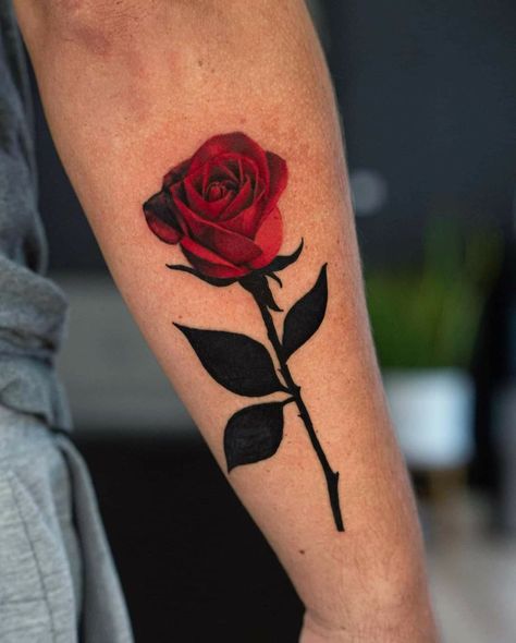 Rose tattoo color Realistic Red Rose Tattoo, Rose And Stem Tattoo, Rose Tattoo Color, Cute Halloween Tattoos, Ink Tattoo Design, Watercolor Tattoo Ideas, Red Tattoo Ideas, Rose Tattoo Forearm, Red Ink Tattoo