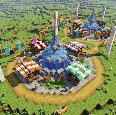 Minecraft Pedestal Design, Villager Trading Area Minecraft, Minecraft Mountain Farm, Minecraft Farmers Market Ideas, Village Market Minecraft, Modded Minecraft Builds, Village Ideas Minecraft, Minecraft Village Center, Minecraft Community Center