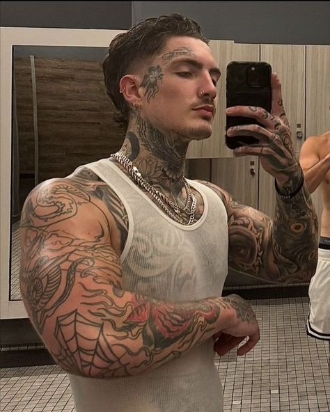 Guy Tattoos, Tatted Guys, Face Tats, Men's Piercings, Egyptian Tattoo Sleeve, Guys Tattoos, Men's Facial Hair, Goth Gf, Bodybuilding Workout Plan