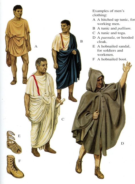 Men's clothing: tunic, tunic and pallium, tunic and toga, and a paenulla (hooded cloak). Ancient Greek Dress, Ancient Roman Clothing, Ancient Greek Costumes, Ancient Greek Clothing, Imperiul Roman, Roman Clothes, Roman Dress, Roman Man, Greek Dress