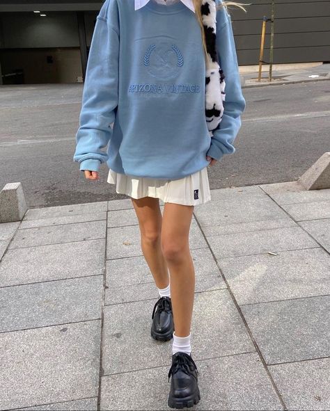 Denim Skirt And Sweatshirt Outfit, Pastel Blue Outfit Aesthetic, Sky Blue Skirt Outfit, Blue Sweatshirt Outfit, Tennis Skirt Outfit Street Style, Blue Hoodie Outfit, Cropped Hoodie Outfit, White Vibe, Blue Skirt Outfits