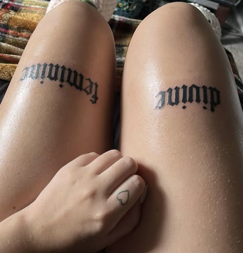 My mac tattoo <3 Divine Feminine Tattoo Above Knee, Divine Feminine Tattoo Font, Divine Feminine Knee Tattoo, Words On Knees Tattoo, Words Above Knee Tattoos Women, Devine Feminine Tattoos, Tattoo Word Ideas, Behind The Knee Tattoo, Above Knee Tattoo Words