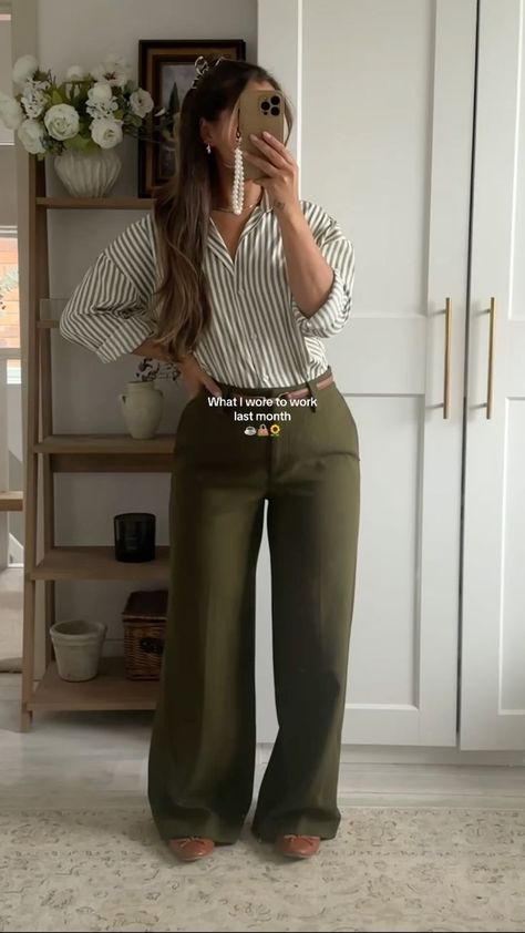 WHAT'S YOUR GO TO LOOK Olive Work Pants Outfit, Olive Green Slacks Outfit Women, Olive Green Dress Pants Outfit, Green Professional Outfit, Green Work Pants Outfit, Olive Green Pants Outfit Women Casual, Olive Green Pants Outfit Work, Western Business Casual For Women, Forest Green Pants Outfit