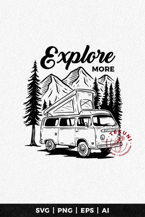 Campervan SVG, Van life SVG, adventure time Van Life Illustration, Van Drawing, Camping Design, Inktober 2024, Van Build, Inspirational Wall Art, Camper Van, Van Life, Adventure Time