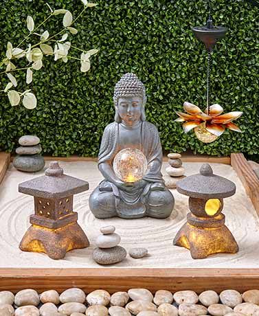 Bring a sense of tranquility to your yard with this Serenity Solar Garden Collection. Start with the Buddha Statue for that zen feeling. Flank it with a couple Buddha Statue Garden, Solar Garden Decor, Small Japanese Garden, Lotus Garden, Pagoda Lanterns, Buddha Garden, Zen Garden Design, Buddha Decor, Meditation Garden