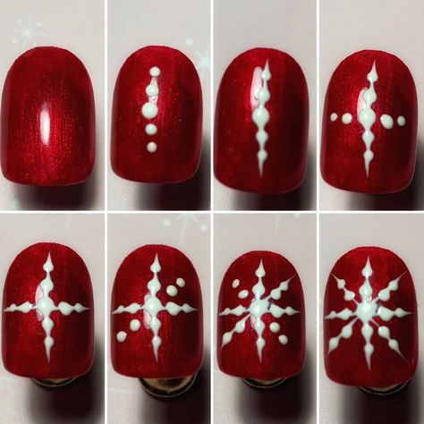 Step By Step Snowflake Nail Art, Easy Christmas Nails Snowflake, Snow Flake Nail Art Step By Step, Snowflake Nails Step By Step, Christmas Nails Diy Step By Step, Easy Snowflake Nail Art, How To Draw A Snowflake On Nails, Snowflake Nail Tutorial, Diy Christmas Nails Easy Step By Step