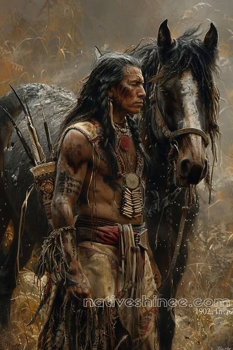 A powerful tribute to strength and unity, Loyal Companion Native American Canvas depicts a Native American warrior standing alongside his steadfast horse amidst a rugged, rain-soaked landscape. His weathered expression, adorned with tribal markings and traditional regalia, speaks of resilience and deep connection to his surroundings. The horse, equally strong and loyal, mirrors his determination, symbolizing the unbreakable bond between warrior and steed. The muted earthy tones and intricate details bring this scene to life, evoking a sense of raw endurance and heritage. Printed in high definition with exceptional clarity, Loyal Companion Native American Canvas is a perfect choice for those who admire the warrior spirit and deep-rooted traditions of Native American culture. Indian Warrior Tattoo, Indian Clipart, American Photography, Native American Artwork, Horse Posters, Native American History, Native American Culture, American Culture, American People