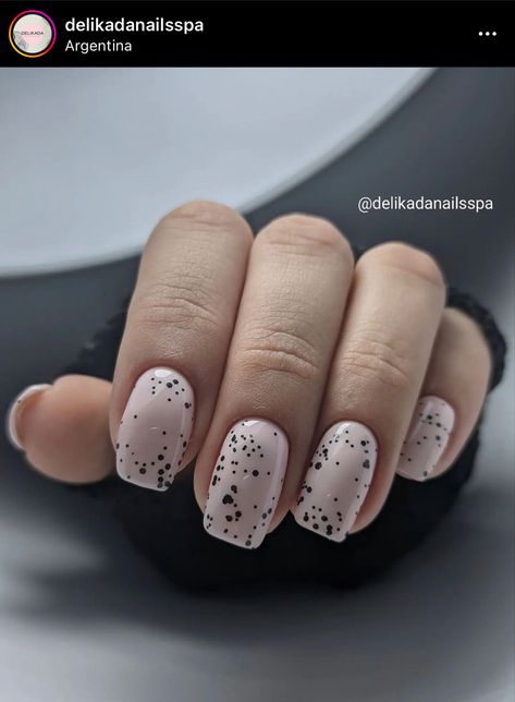 Black Spot Nails, Black Speckled Nails, Nude Nails With Black Dots, Black Dots Nails, Nails With Black Dots, Taupe Nails Designs, Dotty Nails, Black Dot Nails, Ig Nails