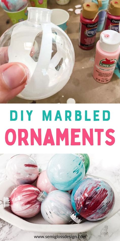 Cool Ornaments Diy, Paint Poured Ornaments, Crafts With Clear Ornaments, Plastic Round Ornament Ideas, Pour Paint Ornaments Diy, Paint In Clear Ornaments Glass Ball, Diy Bulbs Ornaments, Shatterproof Ornament Crafts, Essential Oil Ornaments Diy