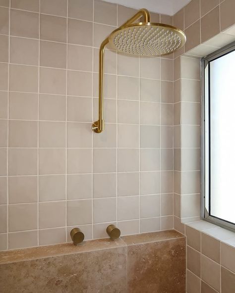 @bowsbathrooms have nailed this design using a Newport matt bone squares. It’s a beautiful earthy bathroom with touches of brass and a white vanity to keep it fresh ❤️ Earthy Bathroom, Range Tile, Quiz Design, Gold Shower, White Vanity, Big Windows, Square Tile, Tile Samples, Newport