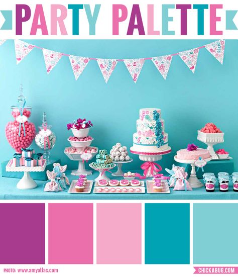 Party palette: Color inspiration in teal, pink, and purple #colorpalette - party table by @Amy Atlas Colorful Candy Bar, Pink Dessert Tables, Buffet Dessert, Pink Desserts, Baby Shower Table Decorations, Cake And Cupcakes, Cakes And Cupcakes, Baby Shower Table, Dessert Buffet