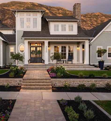 I am loving the look! A charming Utah new build home. Coastal influence. This style is enhanced by the pastel shingles accented by all the… | Instagram Cape Cod Homes Exterior, Cape House Exterior, Arch Plan, Craftsman House Exterior, Coastal Craftsman, Coastal Home Exterior, French Entry Doors, Retirement House Plans, Utah Home