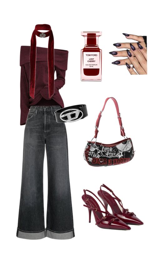 Daily look, cherry red, cherry girlies, perfume, black jeans, shoulder bag, red chocker outfit. Daily outfit inspo. Red. Mars. Energetic. Dark feminine energy Cherry Red Outfit, Red Bag Outfit, Perfume Black, Red Mars, Dark Feminine Energy, Dark Feminine, Red Cherry, Red Outfit, Feminine Energy