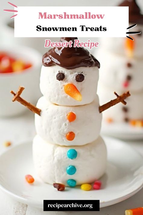 Marshmallow Snowmen Treats Marshmallow Snowmen For Kids, Christmas Marshmallow Ideas, Marshmallow Christmas Treats, Marshmallow Snowmen, Snowman Treats, Snow Party, Marshmallow Snowman, Chocolate Dipped Pretzels, Holiday Desserts Table