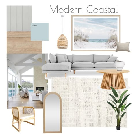 Vacation Interior Design, Hampton Mood Board, Beach Patio Ideas Coastal Cottage, Grey Sofa Coastal Living Room, Beach House Chic Interior Design, Modern Coastal Apartment Decor, Beach Lounge Room, Coastal Modern Office Design, Transitional Beach House Interiors