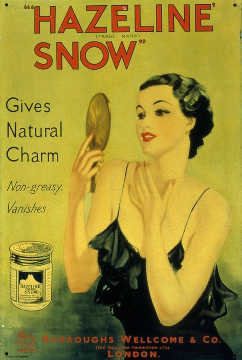 Credit: Wellcome Collection Wellcome Foundation Archives.  Advertisement for Hazeline Snow (undated). Great Gatsby Makeup, Snow Makeup, Vintage Makeup Ads, Makeup Ads, Vintage Advertising Posters, Beauty Ad, Retro Advertising, Vintage Cosmetics, Retro Ads