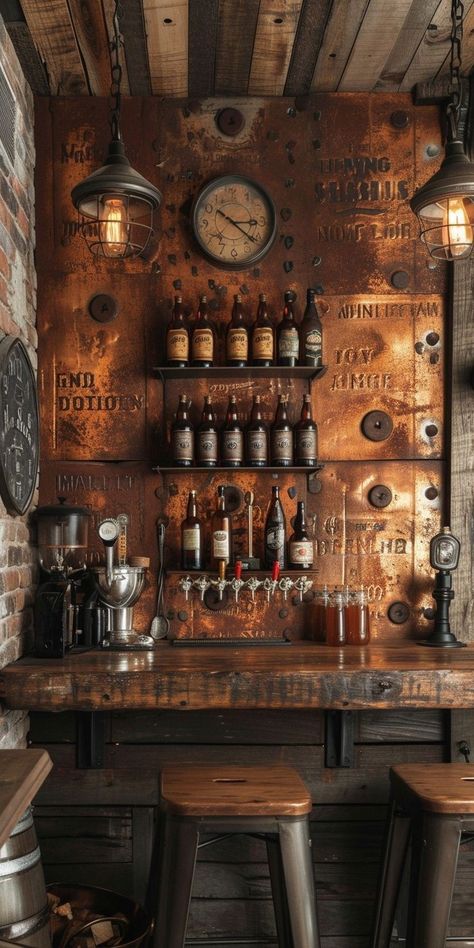 Industrial Speakeasy, Brick Bar, Steampunk Bar, Industrial Man Cave, Bar Industrial, Bourbon Room, Basement Bar Ideas, Bar Deco, Cave Basement