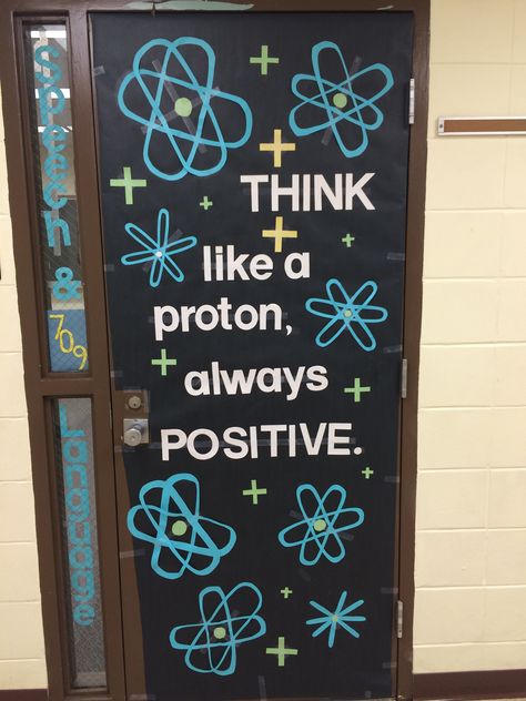 Door decoration for a science class or magnet school. Science Lab Door Decoration Ideas, Physics Room Decor Classroom Ideas, Science Class Door Decoration, Class Board Ideas High Schools, Science Themed Classroom Doors, Biology Themed Classroom, Science Classroom Bulletin Board Ideas, Science Teacher Door Decorations, Science Classroom Doors