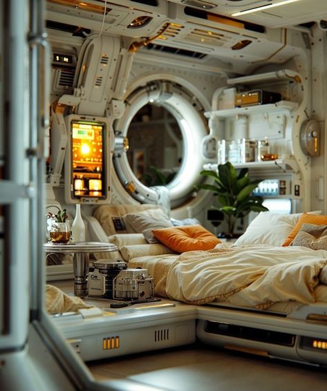 Spaceship Interior Bedrooms, Sci Fi Office, Dnd Costume, Sci Fi Bedroom, Spaceship Room, Cyberpunk Environment, Scifi Room, Futuristic Interiors, Sci Fi Room