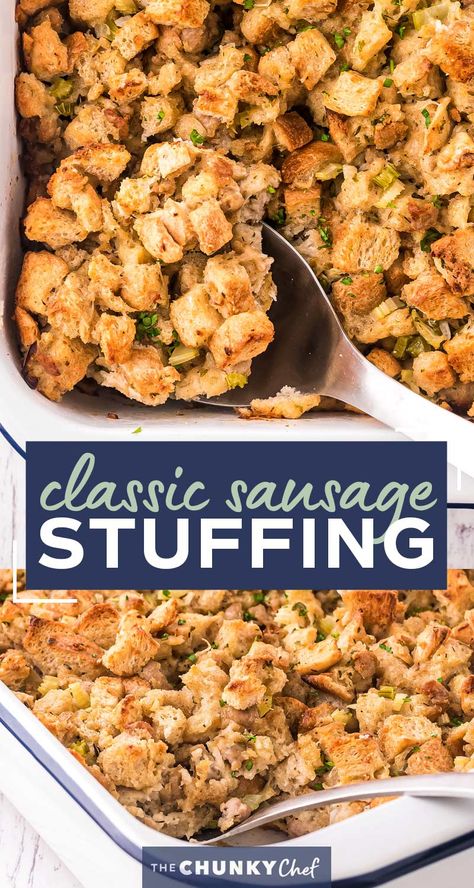 This Herb and Sausage Stuffing is a beloved classic side dish for Thanksgiving or Christmas!  Made with soft bread, tender vegetables and crumbled sausage, this moist and ultra flavorful stuffing is exactly what your holiday feast needs! #stuffing #dressing #holiday #sidedish #side #thanksgiving #christmas #feast Homemade Stuffing Recipe With Sausage, Dishes With Sausage, Thanksgiving Recipes Stuffing Sausage, Best Thanksgiving Stuffing With Sausage, Homestyle Sausage Stuffing, Sausage Stuffing Recipe Thanksgiving, Budwig Diet, Easy Sausage And Herb Stuffing, Sausage Dressing