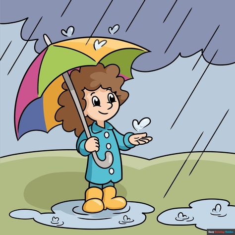 Learn How to Draw a Rainy Day: Easy Step-by-Step Drawing Tutorial for Kids and Beginners. See the full tutorial at https://easydrawingguides.com/how-to-draw-a-rainy-day/ . Cartoon Rainy Day, Rainy Drawing Easy, Rainy Season Drawing Easy, Rain Drawing For Kids, Rainy Season Drawing For Kids, Rainy Day Drawing For Kids, A Rainy Day Drawing, Rainy Day Cartoon, Raining Drawing