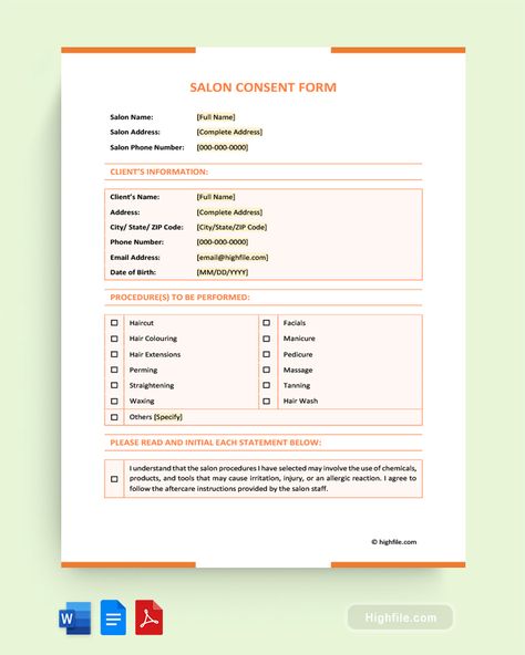 Salon Consent Form Client Consultation Forms Salon Hair, Informed Consent, Salon Names, Consent Forms, Oil Treatments, Salon Services, Washing Hair, Permanent Makeup, Spa Treatments