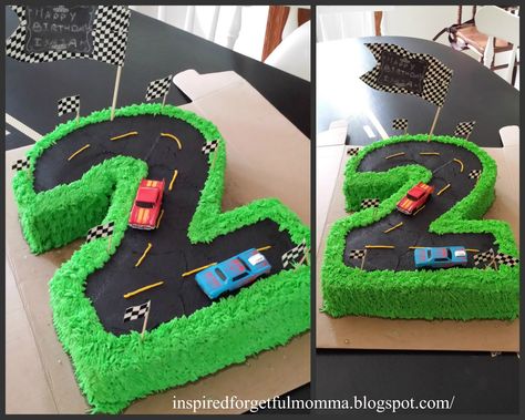 Race track 2nd birthday cake. Yellow cake with homemade buttercream icing. #birthday #2ndbirthday #racecar Race Track Cake, Bolo Hot Wheels, Disney Cars Cake, Second Birthday Cakes, Race Car Cakes, Mcqueen Cake, Cars Birthday Cake, Disney Cars Birthday, Car Birthday Theme